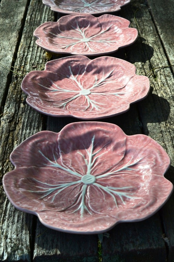 Set of 4 Bordallo Pinheiro Majolica Dinner Plates Pink Cabbage