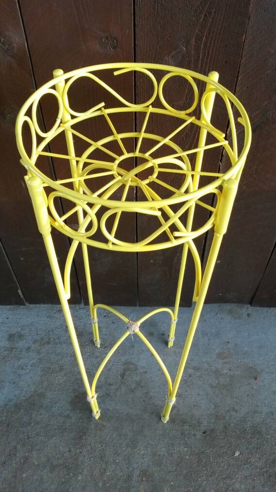 Yellow Plant Stand Vintage Garden Table Round Wrought Iron