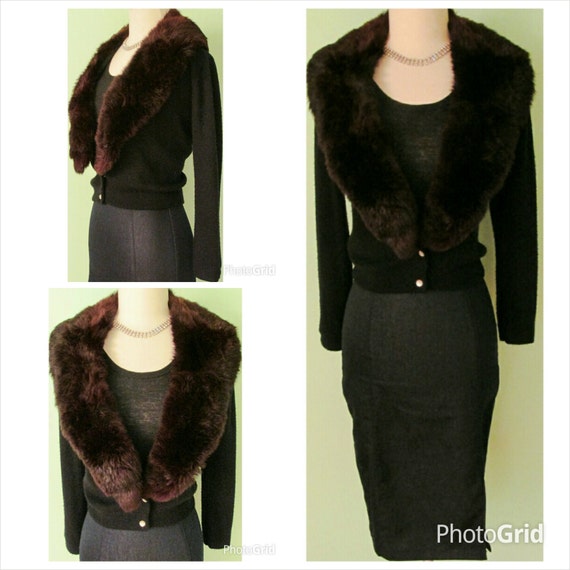 1950's Fur Collar Black Cardigan Sweater Size by LAVintageVillain