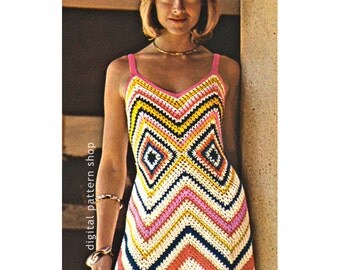 Womens Crochet Dress Pattern Vintage Chevron Maxi Dress Crochet Pattern Zig Zag Dress PDF Instant Download- C89