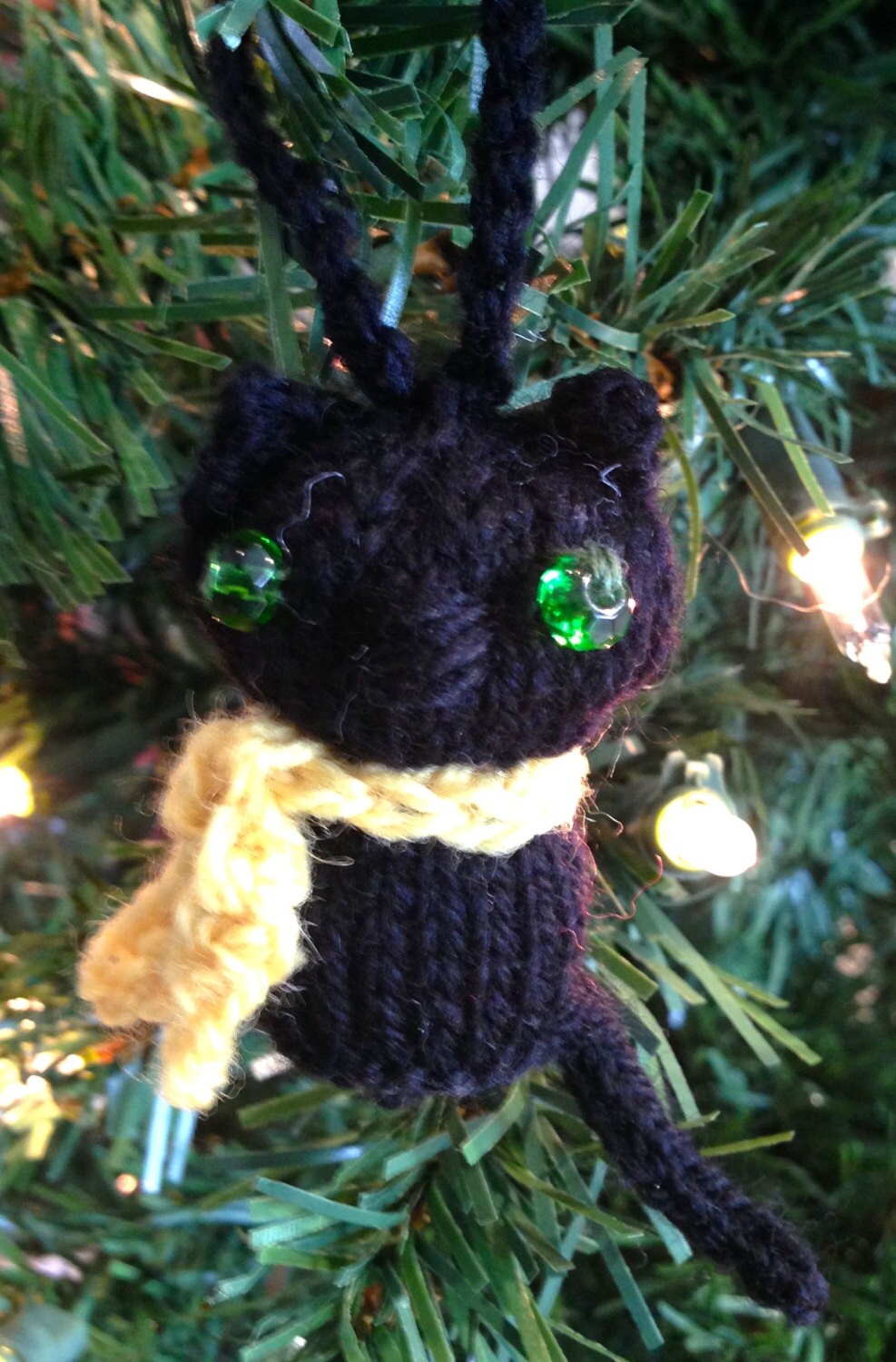 Knitted Black Kitty with Colorful Scarf Christmas Ornament - Cute Holiday Decoration