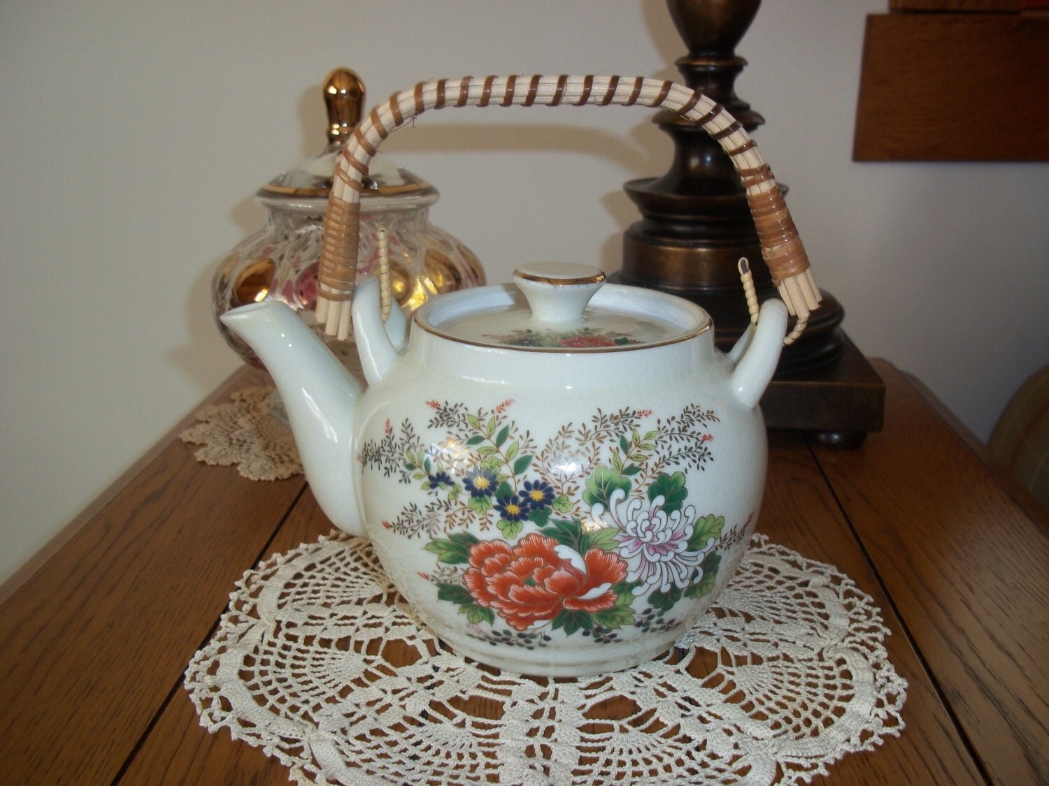 Vintage Otagiri Porcelain Teapot Wicker Handle Serving & Dining Shabby