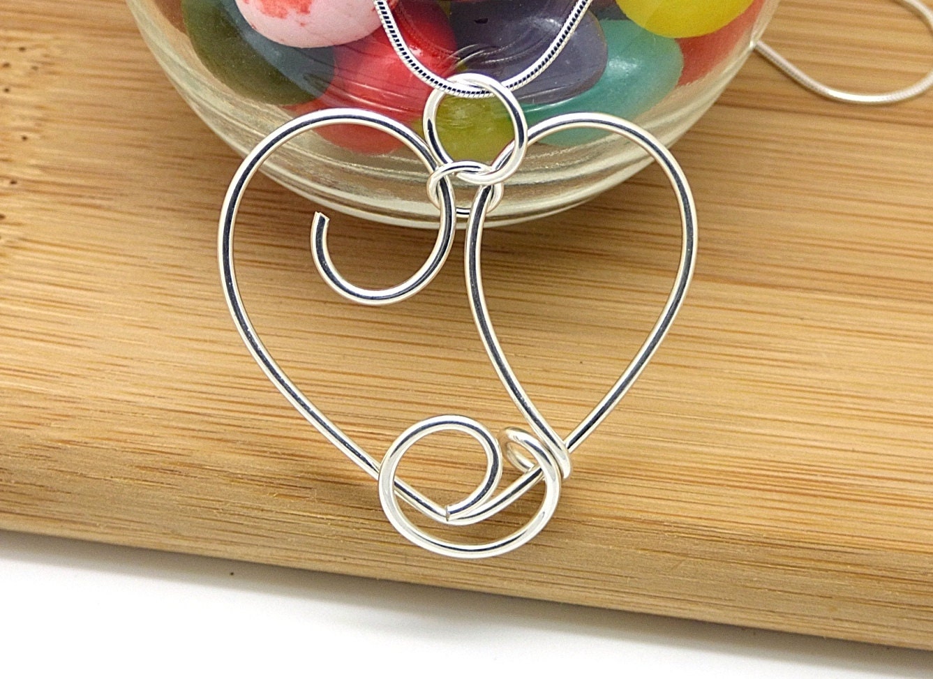 Large Silver Heart Necklace Wire Heart Pendant Sterling