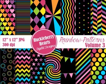 80% OFF SALE Rainbow Patterns Digital Scrapbook Paper Volume 3, Rainbow Paper, Bright, Black, Colorful, Backgrounds
