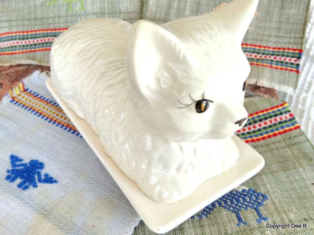 Cat Butter Dish Ceramic White Yellow Bow by NewEnglandReflection