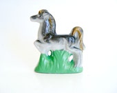 Horse figurine, ceramic from 1940s Japan. A Prancing Pony, a young Foal in the long grass.  Hand Painted