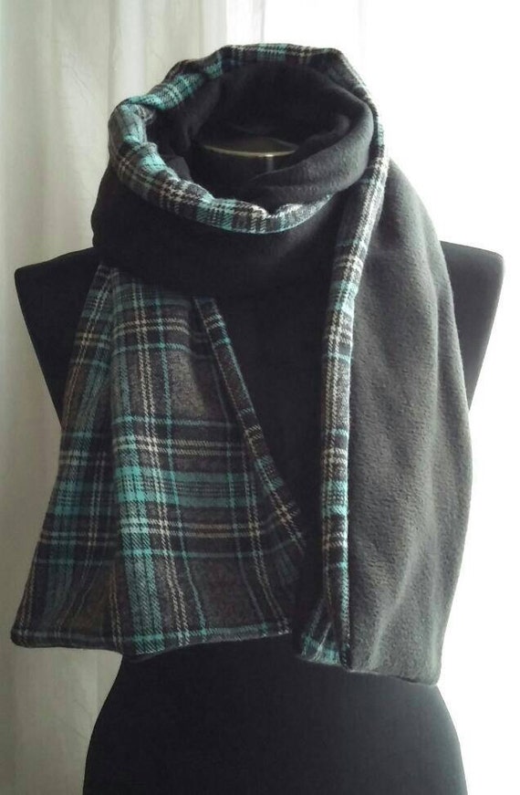 Blue & Gray Plaid Scarf Black Fleece Scarf Double Sided