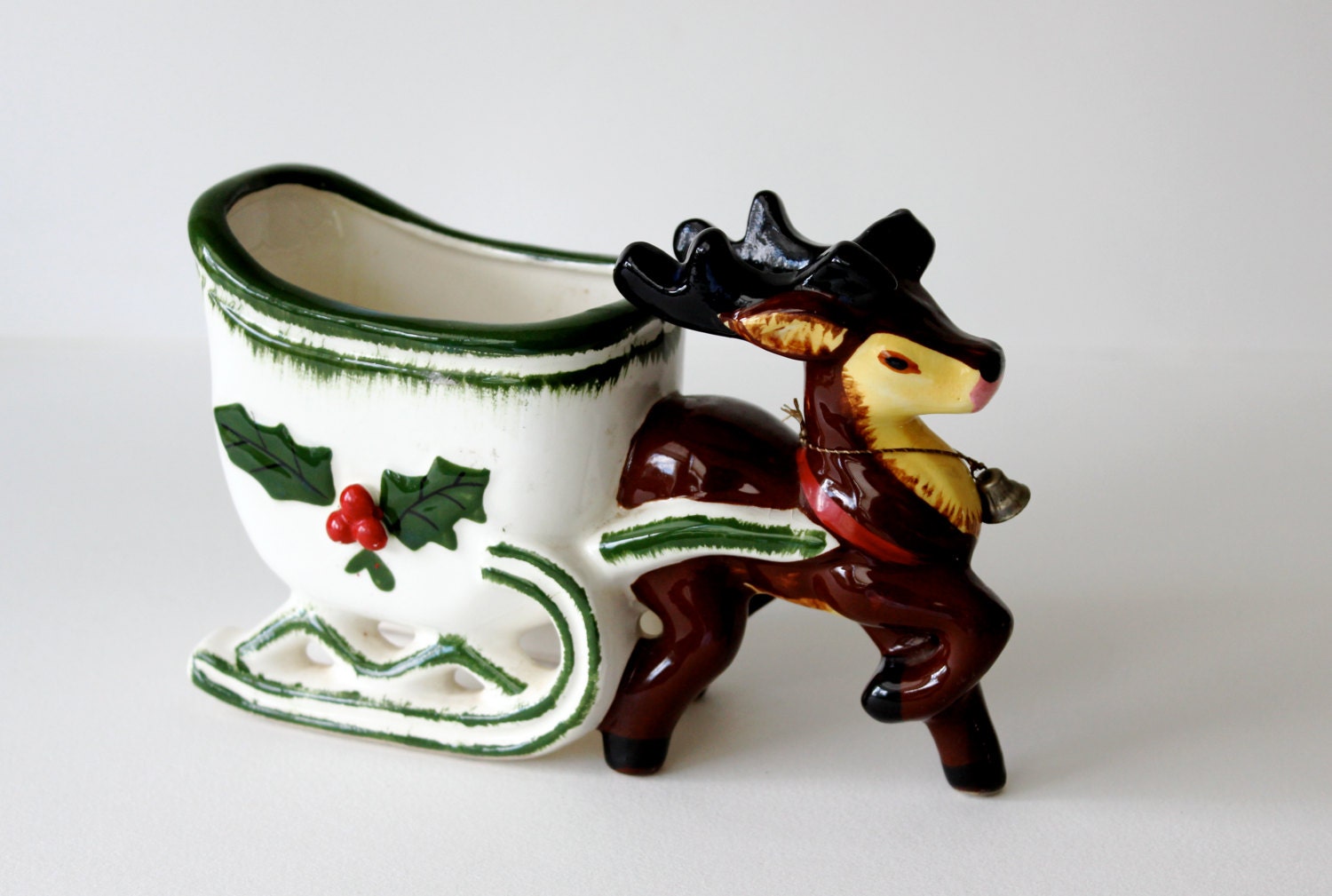 Vintage Napco Christmas Reindeer Sleigh Planter Candy Dish