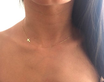 Gold Sideways Cross Necklace/ Sterling Silver Cross Necklace / 14K Gold Filled Mini necklace / Mother's Day Gifts / Valentine's Day Gift