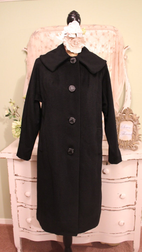 60s Vintage Coat Black Wool Coat Midcentury by SownThreadsClothing