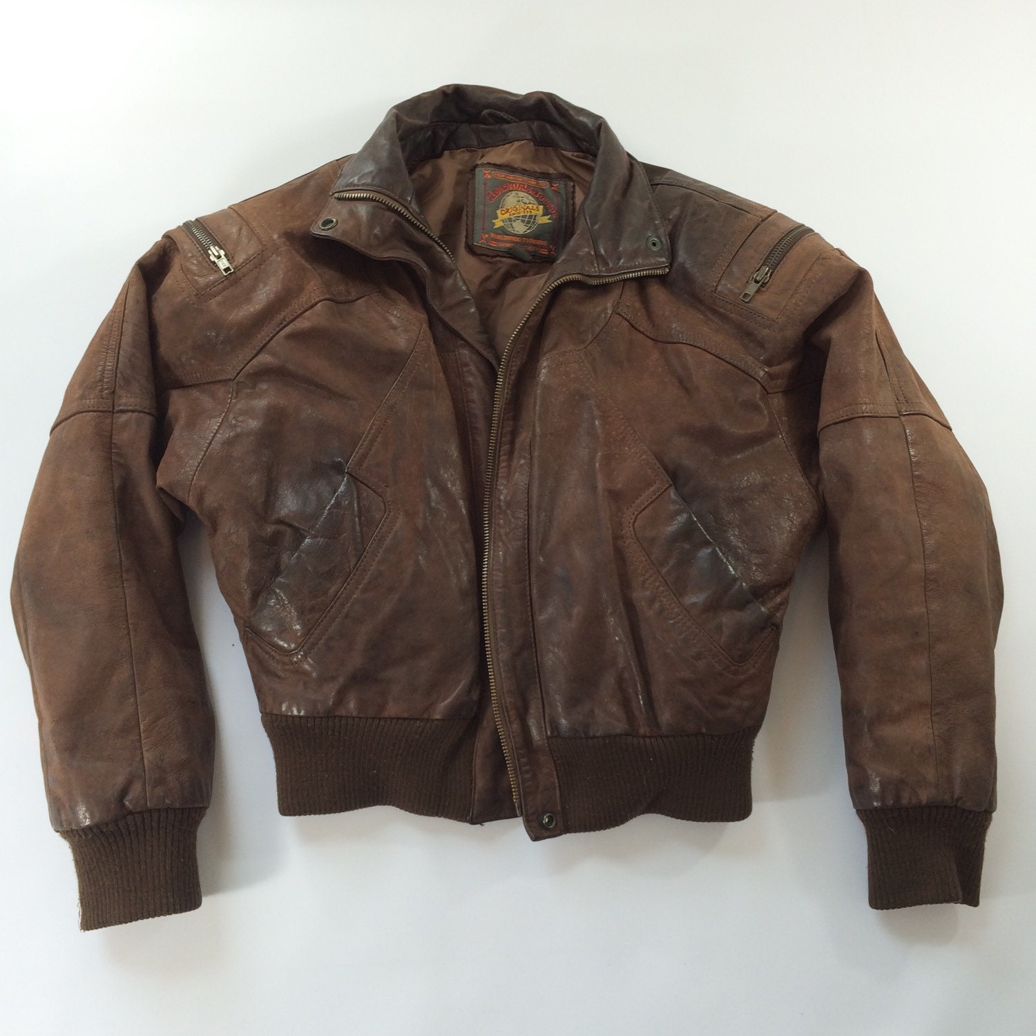 80s xs Leather BOMBER moto Brown Pilot Jacket by TigerStyleVintage