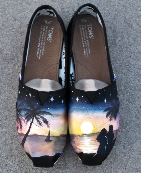 Hand Painted Shoes Custom TOMS Romantic Sunset Beach Flats