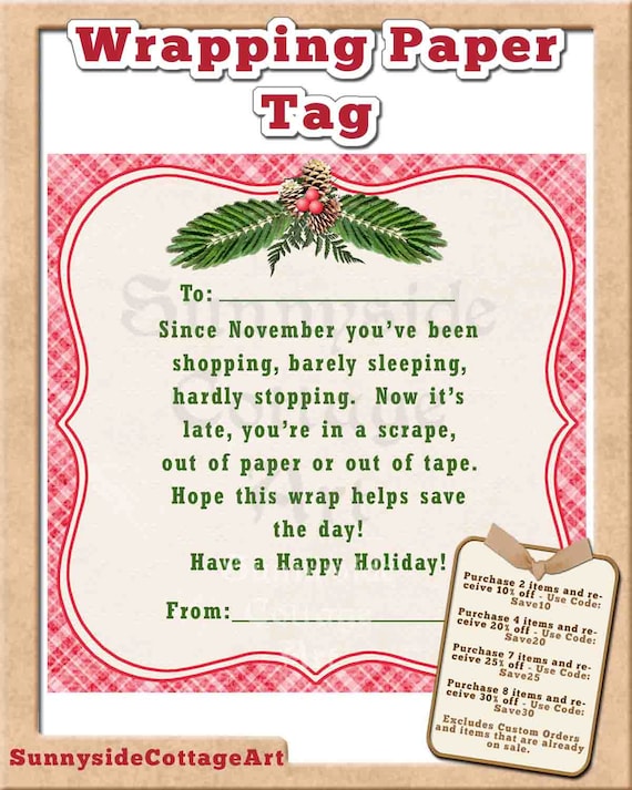 Wrapping Paper Tag Printable Christmas gift by SunnysideCottageArt