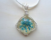 Flower Cameo Necklace - Blue and White Flowers - Wire Wrapped Jewelry - OOAK - Boho Chic - Christmas