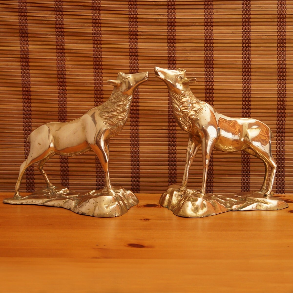 2 Large Brass Elk Figurines Brass Animal Sculpture Gold