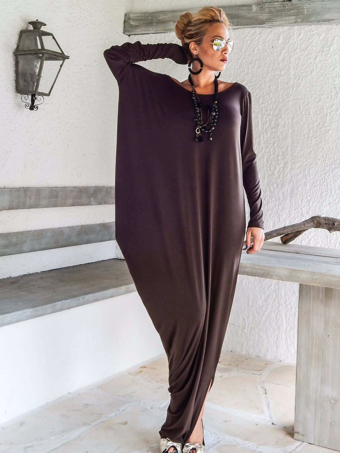 Brown Maxi Long Sleeve Dress / Brown Kaftan / by SynthiaCouture