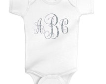 Custom Monogram White Baby Onesie - Cute Customized Lt Blue Baby Onesie