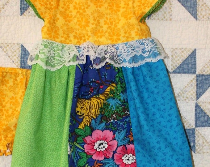 HALF PRICE ** Jungle Tiger Print Dress. Size 2T. Yellow Green Blue Dress with matching Panty