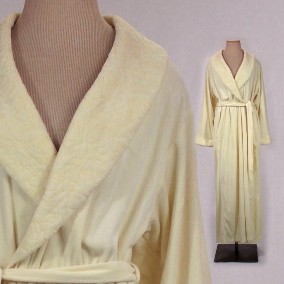 Vintage Long Robe Quilted Bathrobe Velour Yellow Dressing Gown