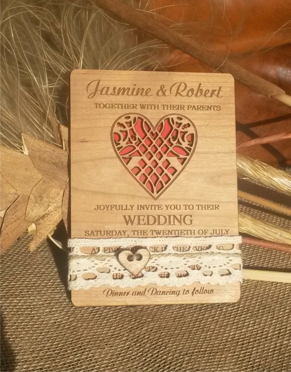 Rustic wedding invitation /  white lace wedding invitation / engraved wood Wedding invitations / Unique vintage wedding invitation / heart