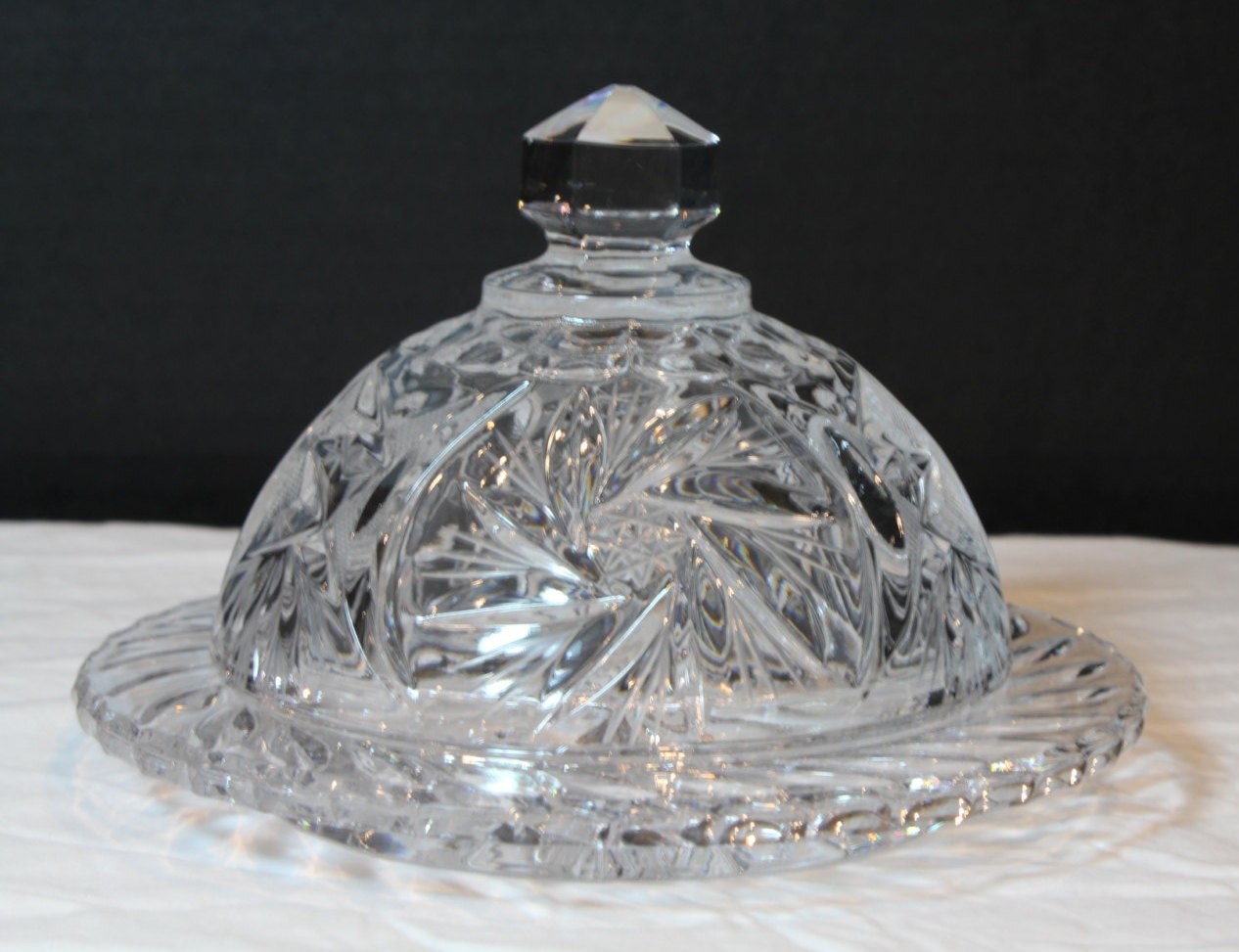 Antique Crystal Covered Butter Dish Pinwheel Cut Design