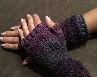 Hand Knitted Fingerless Gloves purple and grey winter gloves