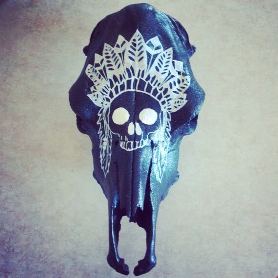 Items similar to Black faint sparkle cow skull with hand painted white