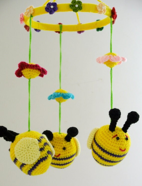 Crochet Bee Mobile - Hanging Bees and Flowers - A colorful children's mobile -3 Bees-Gift