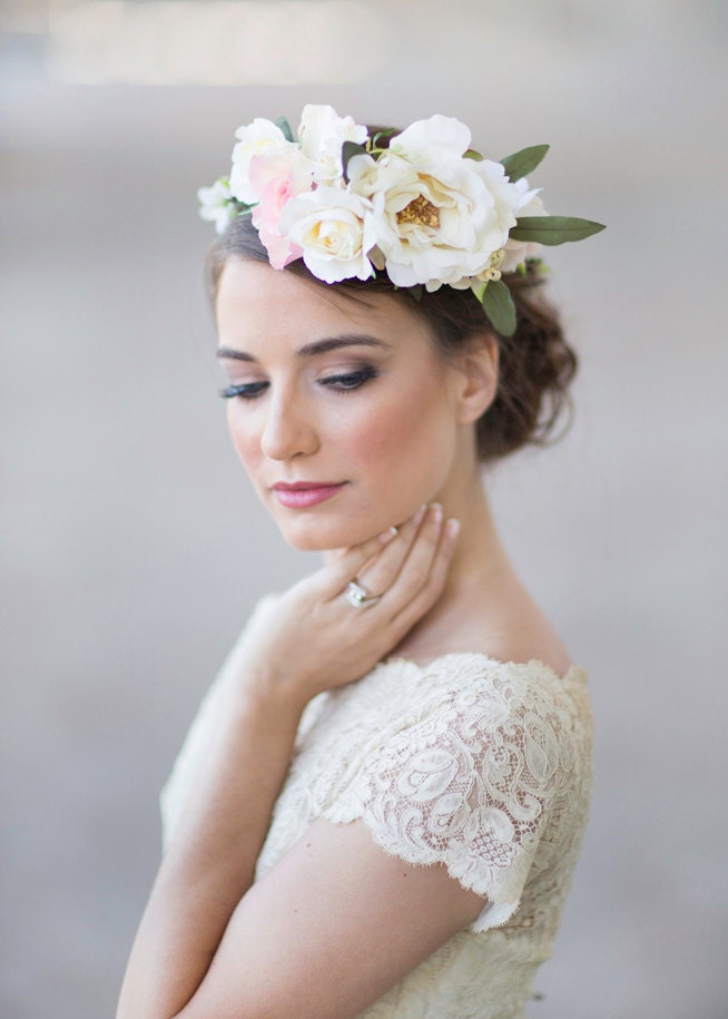 Flower crown bridal headpiece cream floral crown hair