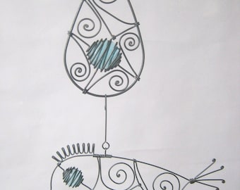 Wire Mobile Sculpture With A Drop And A Bird In Pale Turquoise