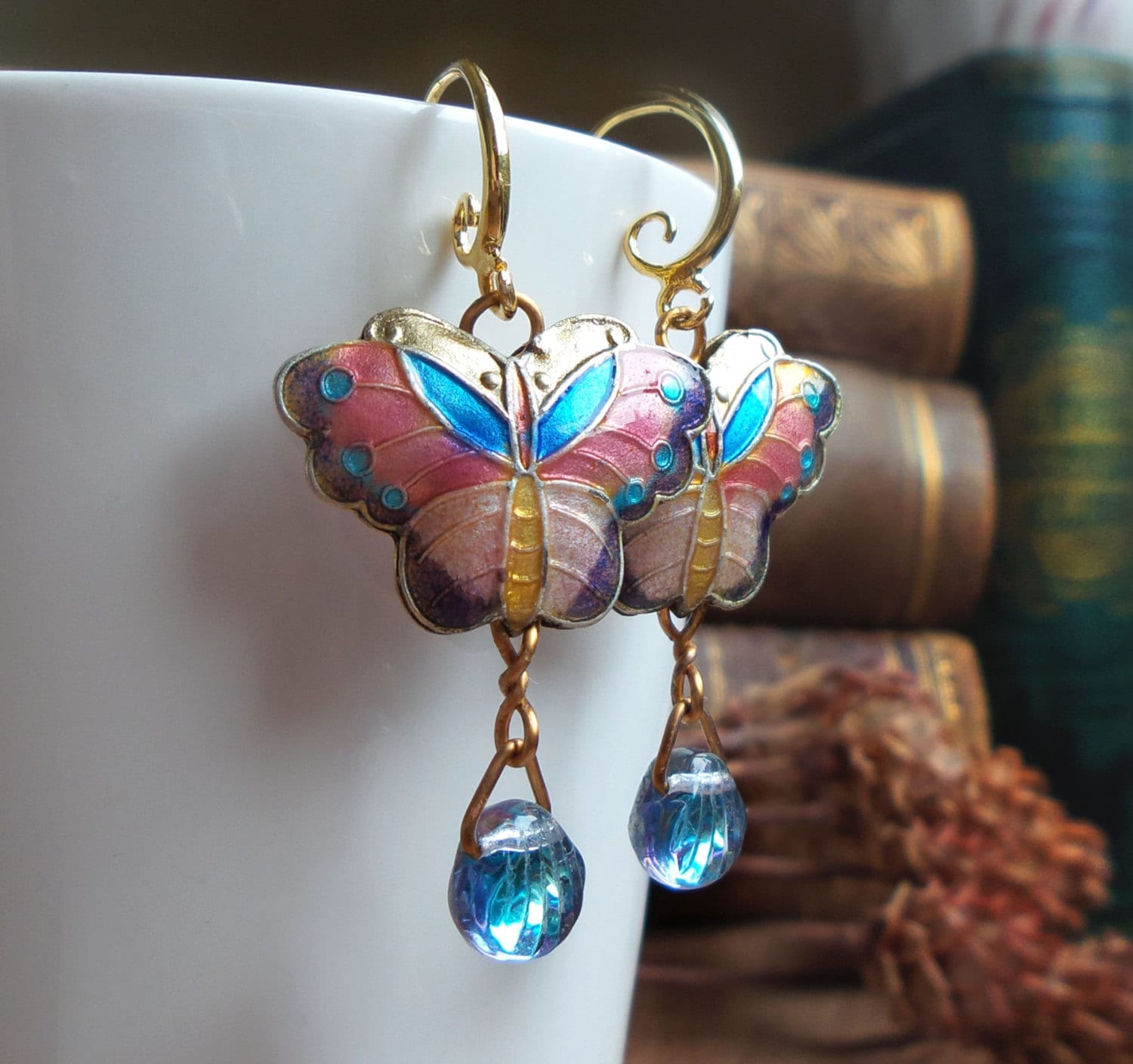 Cloisonne earrings butterfly earrings insect jewelry drop