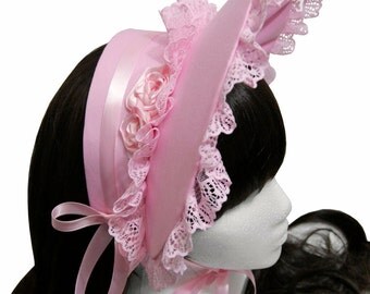 Sweet Pink Gothic and Lolita Lace and Roses Bonnet - Made to Order
