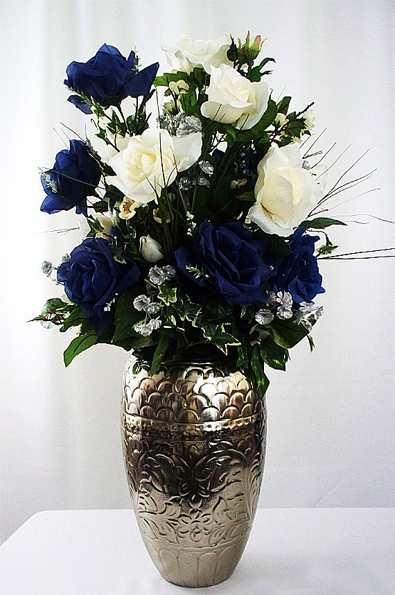 Blue centerpiece white silk flower arrangement roses artificial floral