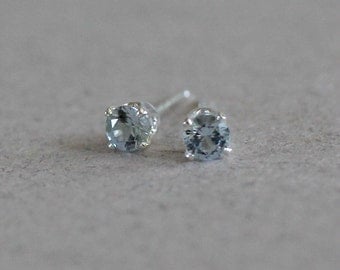 Small Aquamarine Studs - March Birthstone 3mm Tiny Aquamarine Stud Earrings Gift for Her