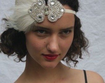 Silver Wedding Headpiece, 1920s Bridal Headpiece, Glamorous Ivory Feather Great Gatsby Headband, Flapper Art Deco Stretch Elastic Velvet