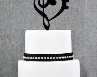 Treble Bass Clef Heart Cake Topper, Music Heart Wedding Cake Topper, Musician Wedding, Custom Colors, Fun Cake Topper, Music Heart (T065)