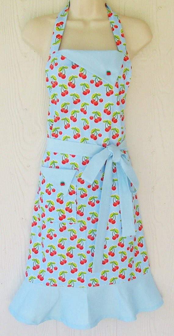 Blue Cherry Apron Full Retro Apron Polka Dots Cherries