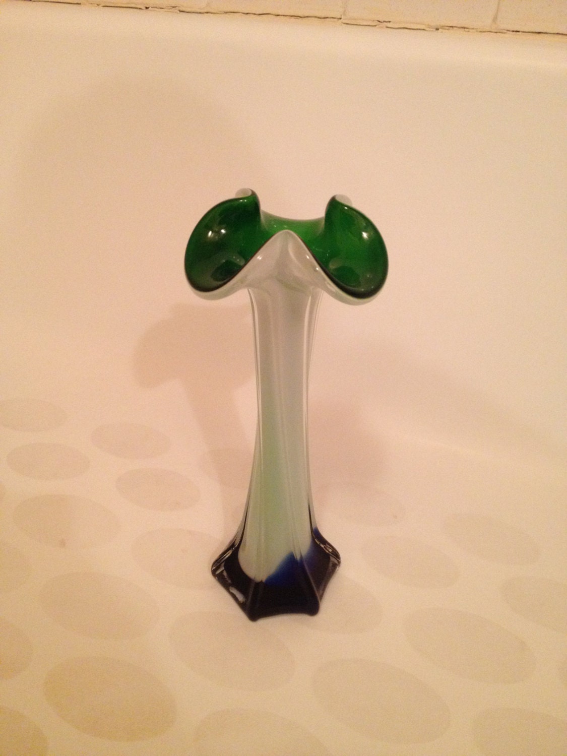 Tall Art Glass Bud Vase Cased Stretch Clear Cobalt Green 4172