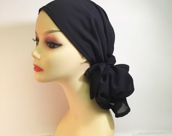 Chemo Head Scarf in a Sheer Black Textured Chiffon~Adjustable Toggle~No Tying Required~Wear it Long or Short #175