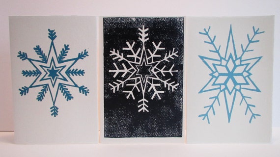 Items Similar To Snowflake. Lino Print Winter Note Cards. Set Of 3 