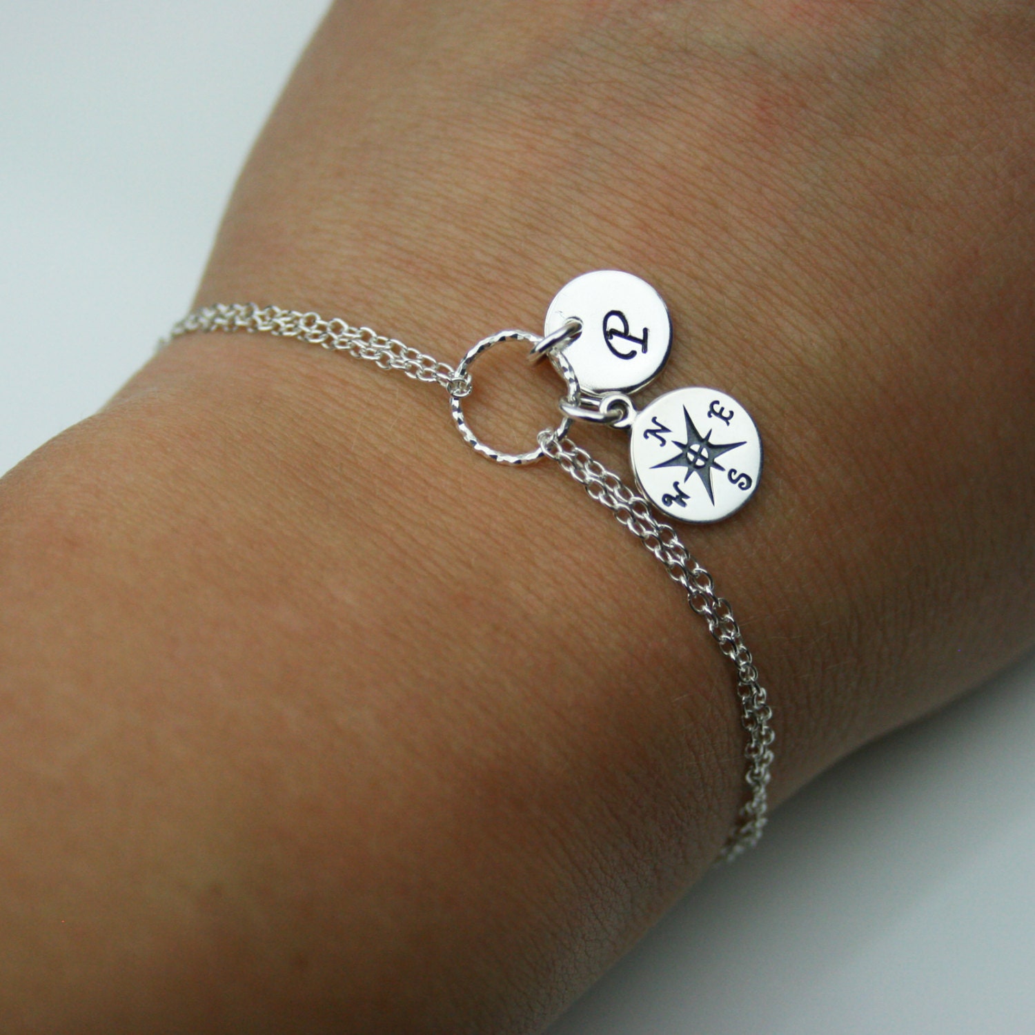 Adjustable Personalized Compass Bracelet in Sterling Silver