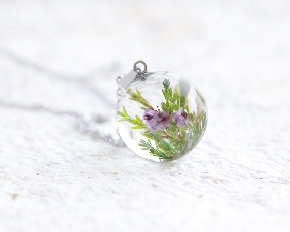 Heather necklace - Lucky heather sprig flowers charm - Evergreen plant Lucky Scotland Jewelry