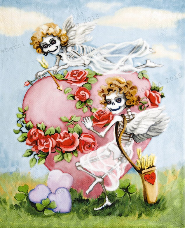 Skeleton Cupid Art Print. Angels Vintage Valentine Tattoo