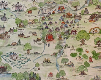 Fantasy Map - Watercolor & Ink - Specialty Aerial Custom Map, Smurf World - Large Watercolor Art Made to Order