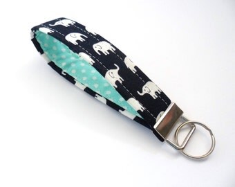 Stocking Stuffer, Elephant Key Fob, Fabric Key Chain, Aqua and Black, Gift Under 10, Short Lanyard