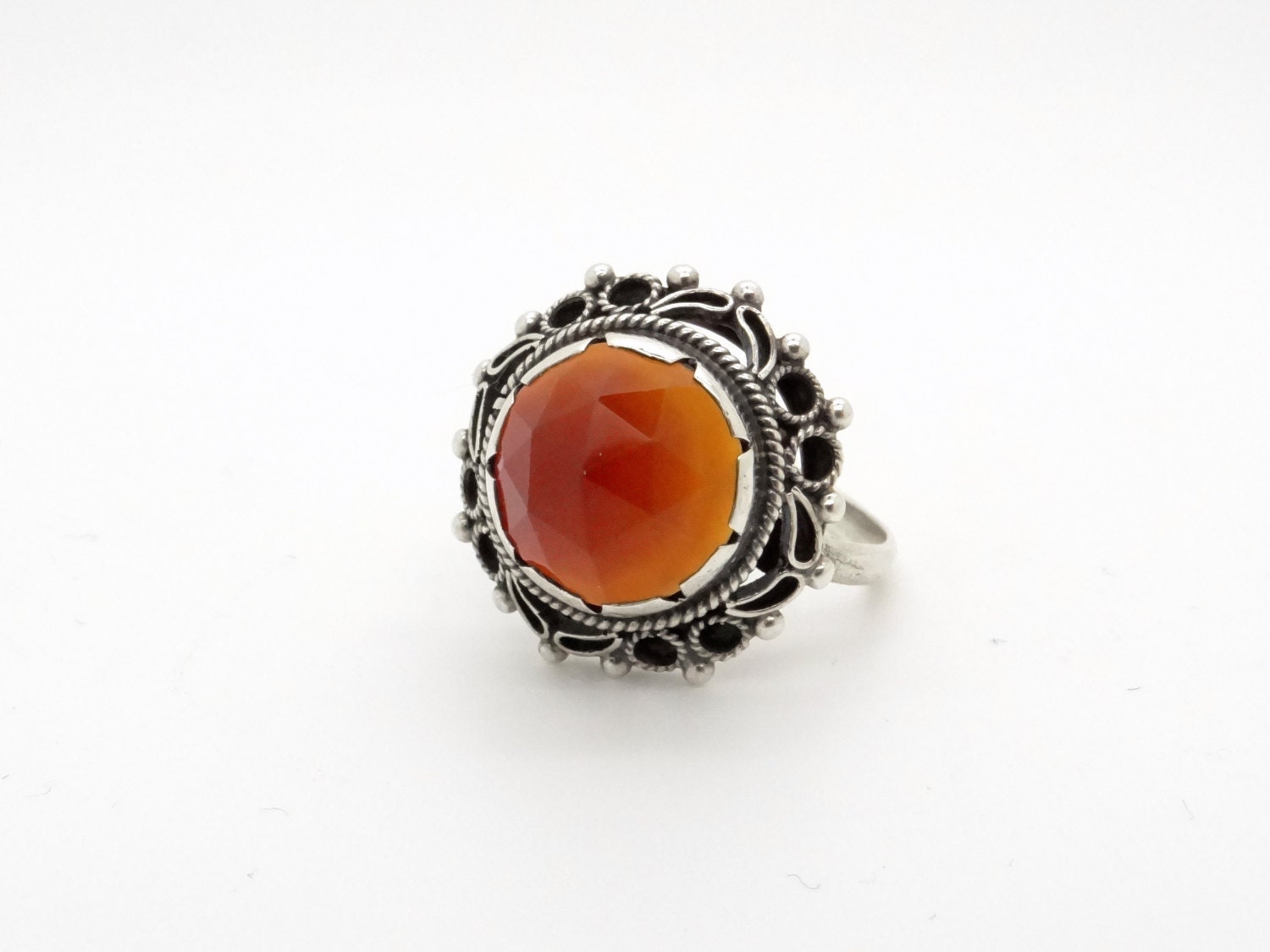 Sterling Silver Faceted Carnelian Ring Edwardian Art