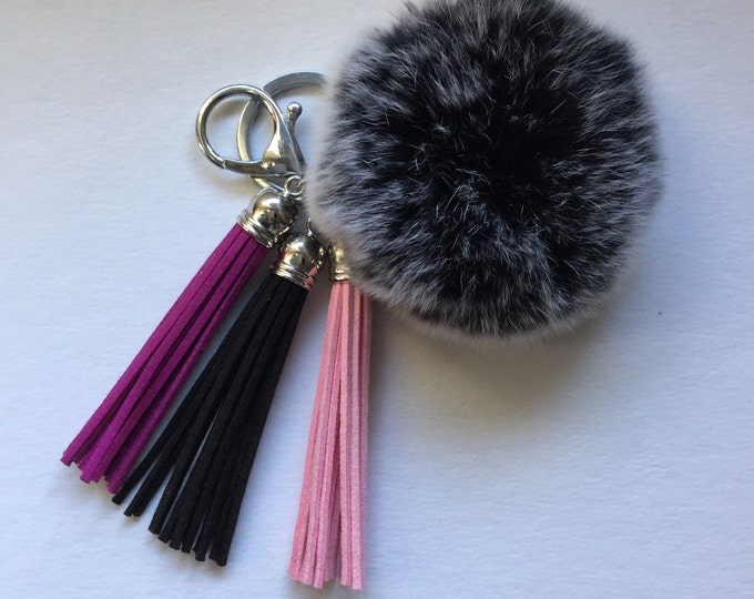 Fur pom pom keychain fur ball bag pendant charm made from Rex Rabbit Fur in frosted black with three 3,5 inch leather tassels