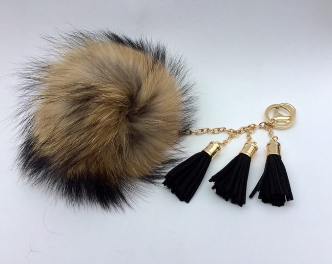 Ultimate beauty Raccoon Fur Pom Pom luxury bag totem pendant charm with 3 tassels gold hardware no dye