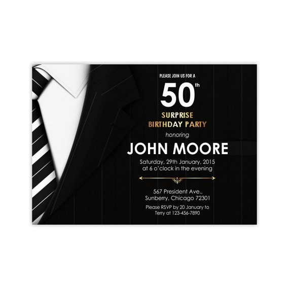 Men Birthday Invitation Suite and Tie. Elegant Adult Mans