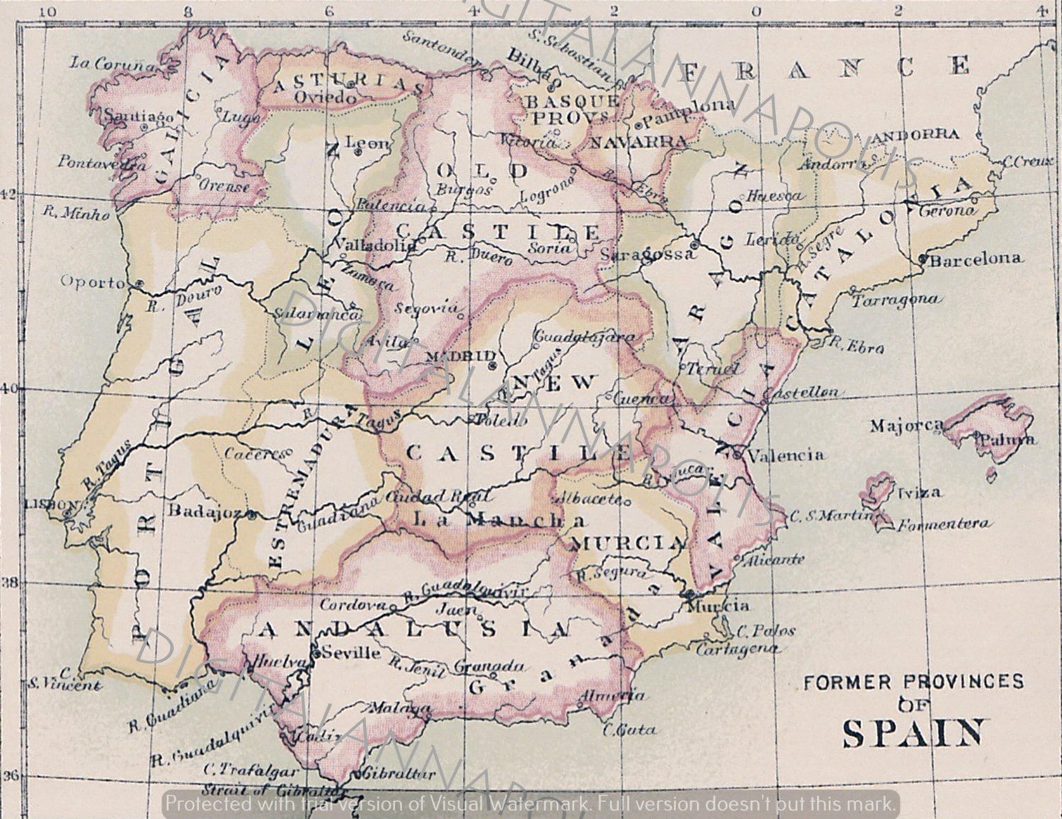 Vintage Map of Spain Former Provinces Spanish Antique Maps